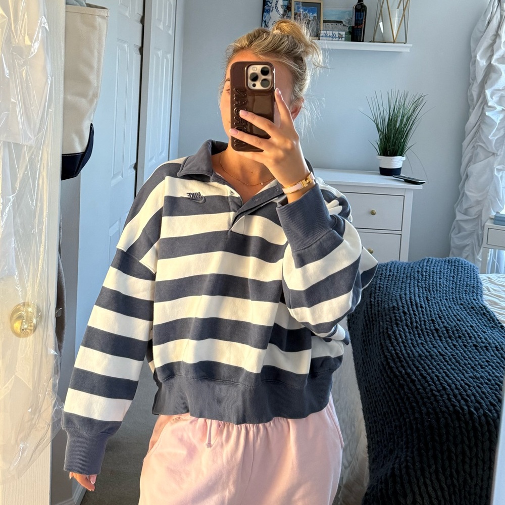 Nike Navy and White Striped Rugby Pullover